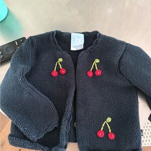 Bella Bliss Navy Blue Knit Cardigan with Cherry Embroidery